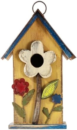 Glitzhome 10.2" H Hanging Bird House for Outdoor Patio Garden Decorative Birdhouse Pet Cottage Distressed Wooden Birdhouse, Yellow Flower
