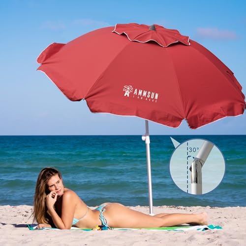 AMMSUN 7ft Heavy Duty High Wind Beach Umbrella Parasols with sand anchor Vent Tilt Sun Shelter, UV 50+ Protection Portable Outdoor Sunshade Umbrellas Carry Bag for Patio Garden Pool Backyard Red