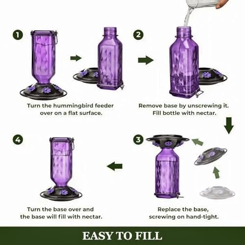 Glass Hummingbird Feeder Hanging Hummingbird Feeders for Outdoors Leak Proof Base Feeder with Ant Moat Bee Proof 6 Feeding Ports for Outside Garden Decor Backyard Gifts for Women Mom (Purple)