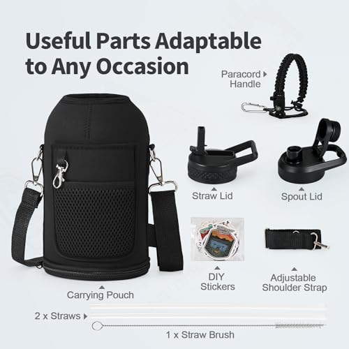 WixByti 40 oz Insulated Water Bottle with Straw (Cold for 48 Hrs), Stainless Steel Triple Wall Vacuum Sports Water Jug, Leakproof Hydro Cup Flask with Paracord Handle & Straw Spout Lids & DIY Stickers