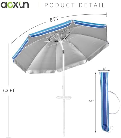Aoxun 8ft Beach Umbrella with Tray and Tilt Pole Portable Patio Umbrella with Sand Anchor and Carry Bag Outdoor UPF 50+ Sun Shelter with Air Vents Design (Navy Blue)