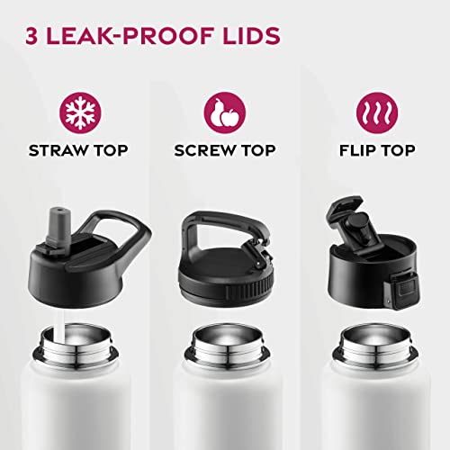 FineDine Triple Walled, Insulated Water Bottles with Straw - 25 Oz Stainless Steel Metal Bottle W/ 3 Leak Proof Lids - For Travel, School, Sports, Gym/Men, Women & Kids - Pure Pearly White
