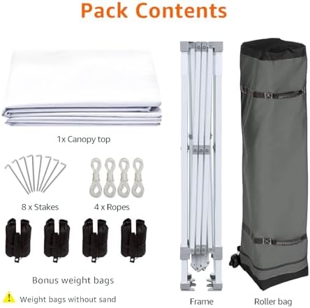 Amazon Basics Outdoor Pop Up 10 x 10 Canopy Tent for Events, Portable with Easy Setup, Includes Wheeled Carry Bag, 8 Pegs, 4 Ropes, 4 Weighted Bags, White