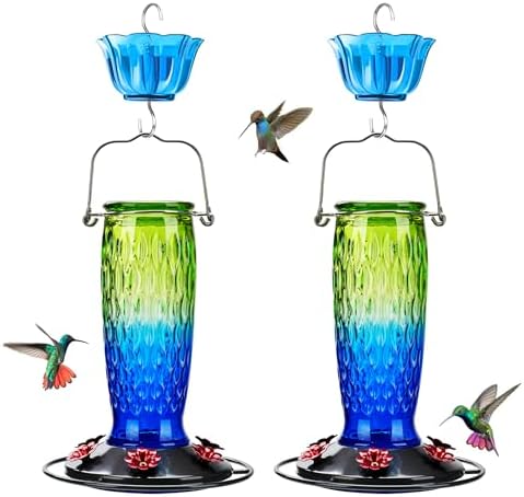 Kingsyard 2 Pack Glass Hummingbird Feeders for Outdoors Hanging, Wild Bird Nectar Feeder with 6 Feeding Ports, 24 oz Leak-Proof, Green & Blue (Ant Moat Included)