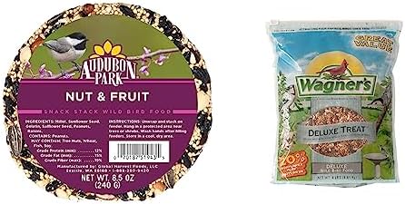 Audubon Park Nut & Fruit Snack Stack Wild Bird Food, Bird Seed Cake for Outside Feeders, 6-Pack & Wagner's 62067 Deluxe Treat Blend Wild Bird Food, 4 Pound (Pack of 1)