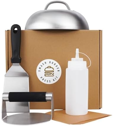Smash Burger Press Kit, 6" Griddle Dome, 5.5" Burger Smasher, Oil Squeeze Bottle, Hamburger Press for Griddle, Gift Packaged