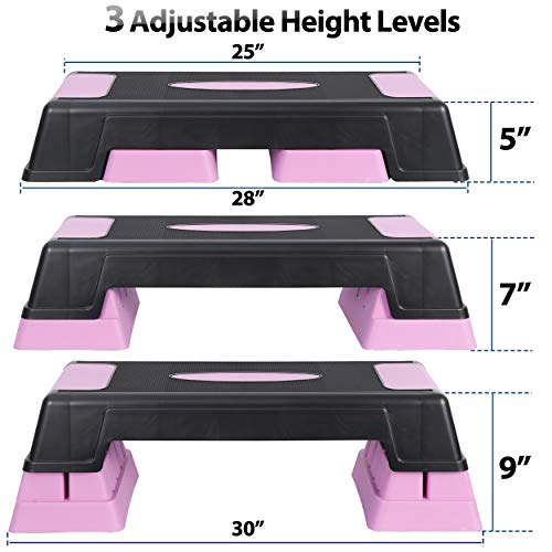 ANT MARCH 30" Aerobic Stepper for Exercise Step Up Exercise Platform with Removable Raisers Adjust 5"-7"-9"，Workout Stepper (PINK)
