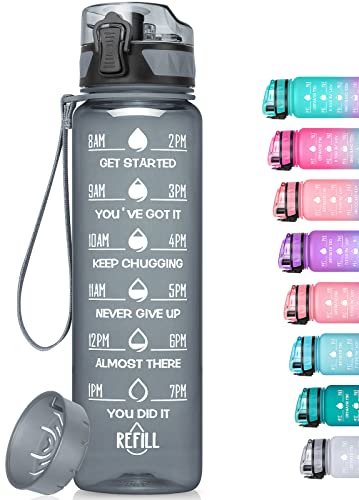 MEITAGIE 32oz Motivational Water Bottle with Time Marker & Fruit Strainer, Leak-proof BPA Free Non-Toxic 1l Bottle with Carrying Strap, Perfect for Fitness, Gym and Outdoor Sports (Ombre: Mermaid)