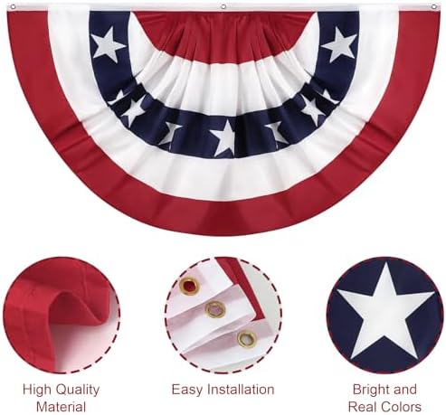 American Bunting Flags Outdoor 3x6 FT, 4th of July Pleated Large Fan Flags, USA Patriotic Banner Decorations for Outside Porch Door Yard Garden, Red White and Blue Decor (4)