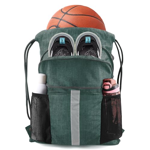 BeeGreen Green Drawstring Backpack Bag with Shoe Compartment X-Large Gym Sports String Cinch Sackpack with Front Inside Zipper Pockets 300D