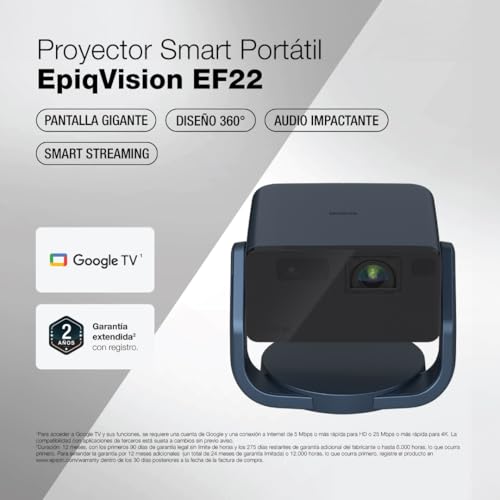 Epson EpiqVision Mini EF22 Portable Smart Laser Projector, Bright 1,000 Lumens, FHD 1080p HDR, 3-Chip 3LCD, Google TV, Netflix, Swivel Stand, Stereo Speakers, Outdoor Backyard/Home Theater - Blue