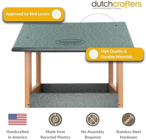 Amish USA Made Recycled Plastic Large Hanging Modern Fly Through Covered Roof Open Platform Tray Bird Feeder for Outdoors, Garden, Yard (Turf Green & Bright Cedar)