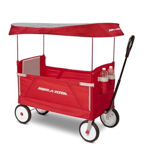 Radio Flyer 3 in 1 EZ Fold Stroller Wagon with Canopy and Adjustable Handle, Red