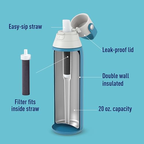 Brita Stainless Steel Premium Filtering Water Bottle, BPA-Free, Reusable, Insulated, Replaces 300 Plastic Water Bottles, Filter Lasts 2 Months or 40 Gallons, Includes 1 Filter, Carbon - 20 oz.