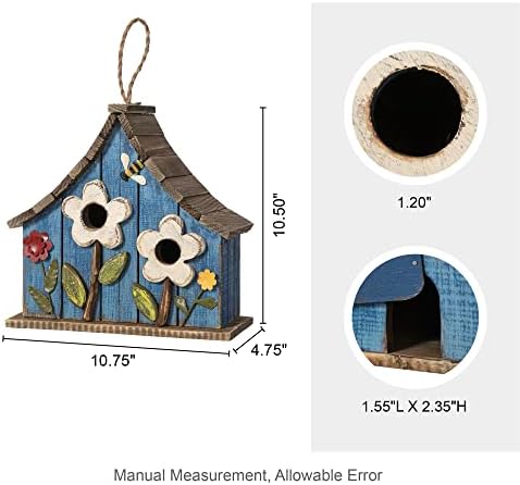 Glitzhome Hanging Birdhouses for Outdoors, 10.75" L Distressed Solid Wood Birdhouse with 3D Flowers Rustic Hand-Painted Bird Houses for Outside