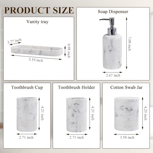 Bathroom Accessories Set, 6-Piece Bathroom Accessory Set, Toothbrush Holders Set, Soap Dispenser, Vanity Tray, Tumbler, Cotton Swab Jars, Bathroom Organizer for Modern Bathrooms (Marble White)