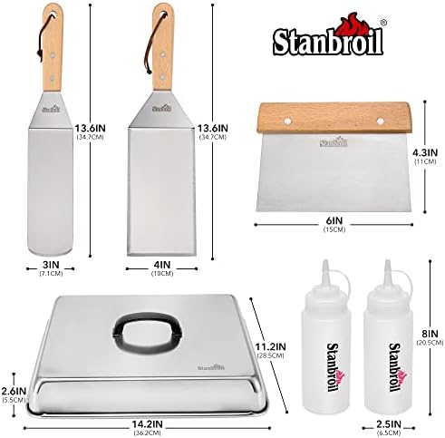 Stanbroil BBQ Griddle Accessories Set of 6 - Heavy Duty Stainless Steel Scraper, Spatula, Basting Cover and Bottles for Blackstone, Camp Chef Grill and Outdoor Griddle Accessories