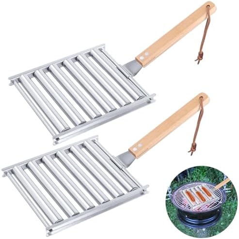 2Pcs Hot Dog Roller for Grill, Stainless Steel Sausage Roller Rack with Extra Long Wood Handle, BBQ Hot Dog Griller for Evenly Cooked Hot Dogs, 10 Hot Dog Capacity, 6.5 x 5.5 Inch