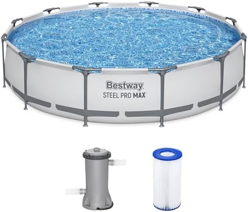 Bestway Steel Pro MAX 12 Foot by 30 Inch Round Above Ground Swimming Pool Set Outdoor Metal Frame Family Pool with Filter Pump, Gray