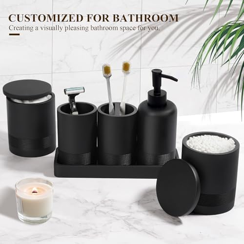 Bathroom Accessories Set, 6-Piece Bathroom Accessory Set, Toothbrush Holders Set, Soap Dispenser, Vanity Tray, Tumbler, Cotton Swab Jars, Bathroom Organizer for Modern Bathrooms(Matte Black)