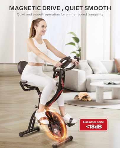 HAPBEAR Folding Exercise Bike Magnetic Foldable Stationary Bike, 3 in 1 Mode Indoor Upright Fitness Workout X-Bike with 8-Level Resistance and Arm Resistance Band, Pulse Sensor,LCD Monitor Black
