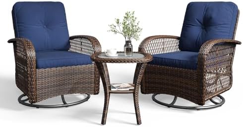 Aoxun 3 Pieces Patio Furniture Set, Patio Swivel Rocker Chairs Set of 2, Wicker Outdoor Bistro Set with Rocking Chair, Thickened Cushions and Table for Porch (Blue)