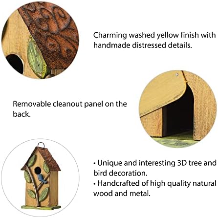 Glitzhome 9.7" H Hanging Birdhouse for Outdoor Patio Garden Decorative Pet Cottage Distressed Wooden Birdhouse, Leaves Rustic Yellow