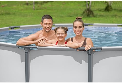 Bestway Steel Pro MAX 14 Foot x 48 Inch Round Metal Frame Above Ground Outdoor Swimming Pool Set with 1,000 Filter Pump, Ladder, and Cover, Gray