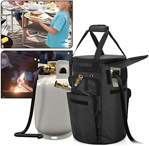 SAMDEW Propane Tank Cover, 20 lb Propane Gas Tank Bag with Side Flip Flap and Stable Tabletop Feature, 2 Storage Pockets, Ventilated with 4 Holes, Water & Wear Resistant, Black, Bag Only