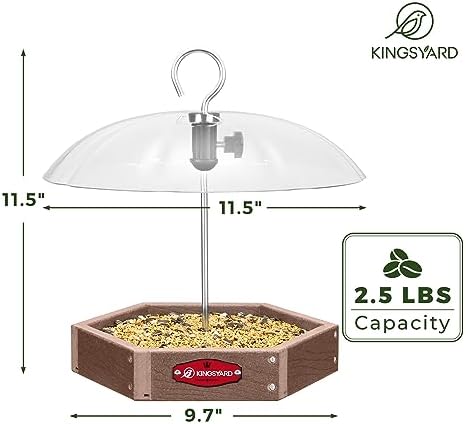 Kingsyard Platform Bird Feeder for Outdoor Hanging - Rugged Recycled Plastic Wild Bird Feeding Station with Adjustable Dome & Metal Mesh Tray, Brown
