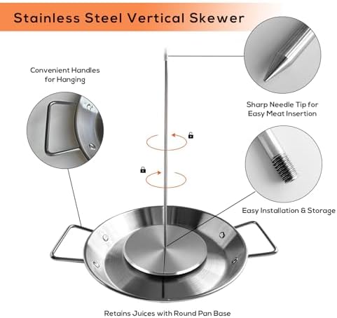 Al Pastor Skewer for Grill：Stainless Steel Vertical Stand, Brazilian Spit Stand with removable 3 Spikes, 2 Brushes, Anti-scalding Fittings, Fat Separator Tray, for Tacos Al Pastor, BBQ