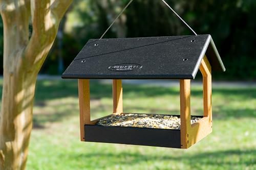 Amish USA Made Recycled Plastic Large Hanging Modern Fly Through Covered Roof Open Platform Tray Bird Feeder for Outdoors, Garden, Yard (Black & Bright Cedar)