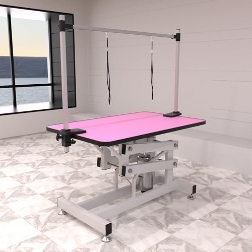 HXUHUWS Hydraulic Pet Grooming Table with Adjustable Arm and Non-Slip Surface, Pink