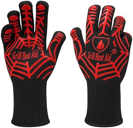 GRILL HEAT AID BBQ Grill Gloves Heat Proof for Grilling – Fireproof 1472°F Heat-Resistant Grill Mitts for Outdoor Barbecue and Smoker, Campfire, Fire Pit, Oven Glove with Fingers for Baking Pizza