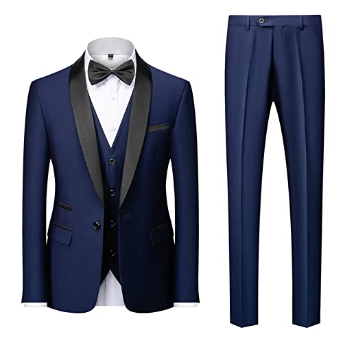 Men's Wedding 3 Piece Suits Slimming One Button Shawl Lapel Business Blazer Formal Dinner Party Jacket Vest Pants (Dark Blue,Small)