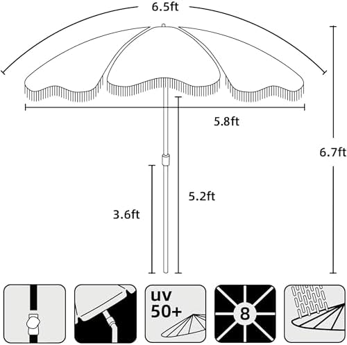AMMSUN Boho Fringe Umbrella Outdoor Patio, 6.5ft UPF50+ Picnic Umbrella with Tassels with Steel Pole and Push Button Tilt, Antique White