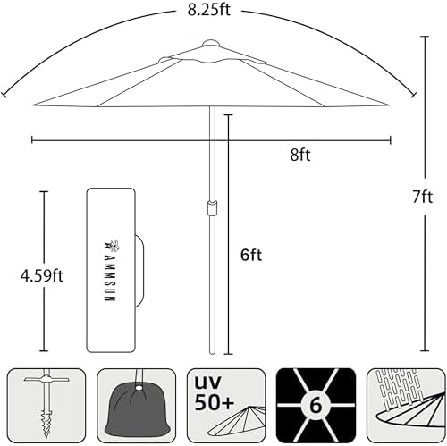AMMSUN 8ft Large Beach Umbrellas for Sand Heavy Huty Wind Portable Commercial Grade Patio Beach Umbrella with Sand Anchor Adjustable Height Air Vent UPF 50+ Telescoping Pole without tilt Dark Blue