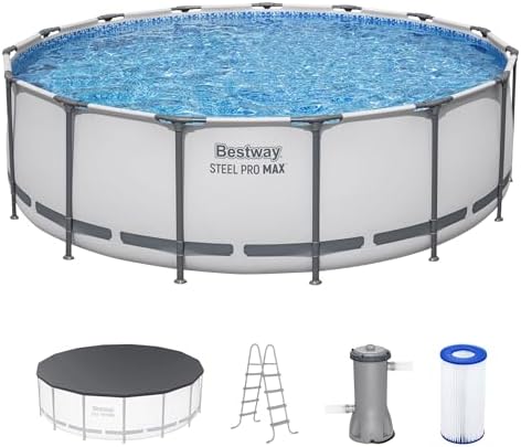 Bestway Steel Pro MAX 15 Foot by 48 Inches Round Above Ground Family Swimming Pool Set Outdoor Steel Frame with Filter, Pump, Ladder, and Cover, Gray