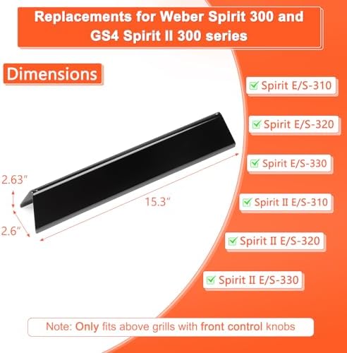 15.3" Flavorizer Bars for Weber Spirit E-310 Spirit II 300, Spirit 300 E320 E330 S310 S320 S330 Grills with Front Control Knobs, Porcelain Enameled Heat Plate for spirit e310 Replacement Parts