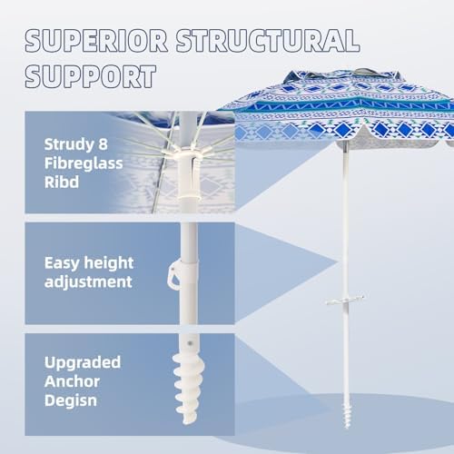 Aoxun Beach Umbrella with Tilt Pole, Portable Sand Anchor and Carry Bag, UPF 50+ Sun Shelter Air Vents Design for Outdoor Activities (Blue), 6.5ft