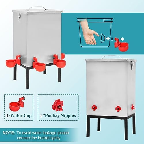 3 Gallons Chicken Waterer,Stainless Steels Automatic Chicken Waterer with Latch and Bottom Bracket，Poultry Watering 4 Water Cups Chicken Feeder Waterer and 4 Horizontal Automatic Chicken Nipples
