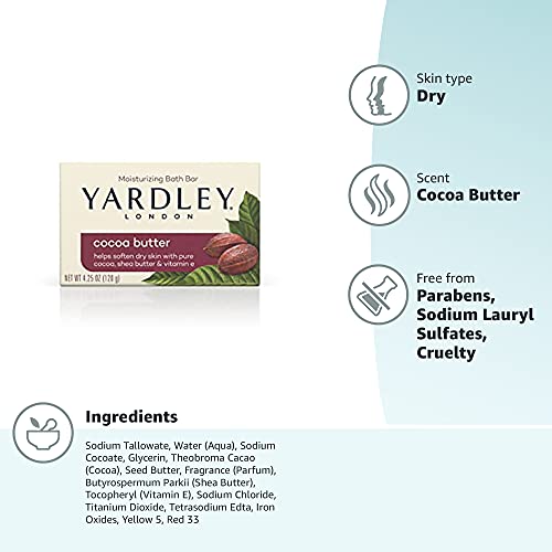 Yardley London Nourishing Bath Soap Bar Cocoa Butter, Helps Soften Dry Skin with Pure Cocoa Butter, Shea Butter & Vitamin E, 4.0 oz Bath Bar, 1 Soap Bar (Pack of 3)