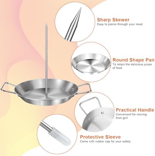 Al Pastor Skewer for Grill, Extra Large 13 Inch Gyro Pan with Fat Separator, Brazilian Spit Stand with 5 Spikes & 2 Brushes, Stainless Steel Vertical Sticks for Shawarma, Chicken on Smoker Oven