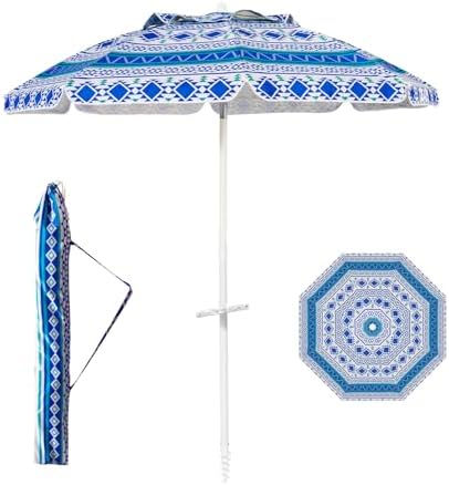 Aoxun Beach Umbrella with Tilt Pole, Portable Sand Anchor and Carry Bag, UPF 50+ Sun Shelter Air Vents Design for Outdoor Activities (Blue), 6.5ft