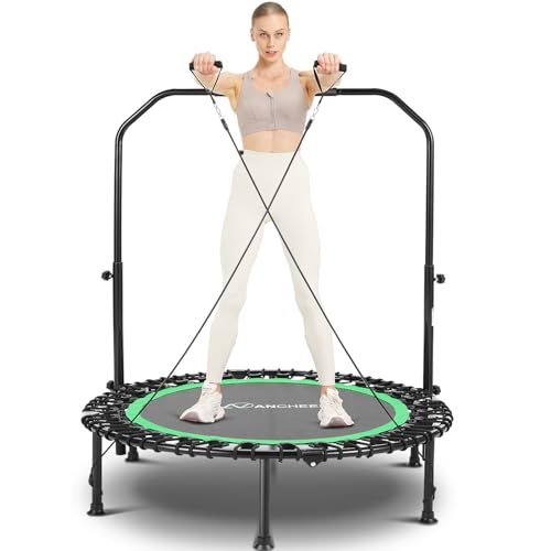 ANCHEER 40" Foldable Mini Trampoline - Max Load 350lbs - 450lbs Indoor Trampoline - with 4 Level Adjustable Foam Handle and Resistance Bands - Adult Exercise Trampoline for Home, Gym and Garden(Blue)