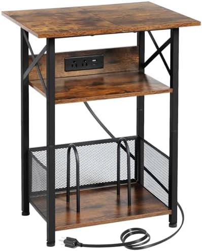 AMHANCIBLE Record Player Stand with Charging Station, Large Turntable Stand with Storage Cabinet, 3 Tier End Table Hold Up to 100 Albums, Record Stand for Vinyl, Living Room, Brown, HETCD012BR-1