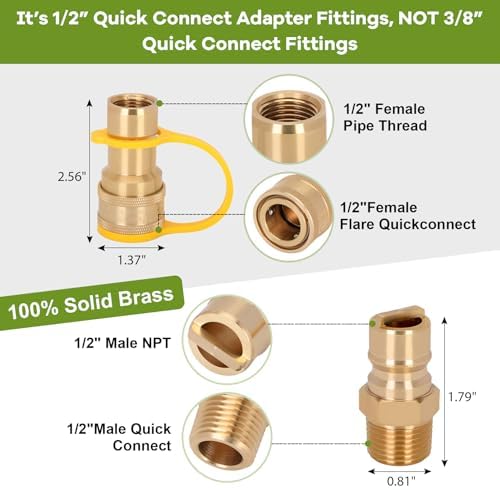 1/2" Natural Gas Quick Connect Fittings,Natural Propane Hose Quick Disconnect Kit,100% Solid Brass with Dust Cover for Gas Grill and Heater and Generator