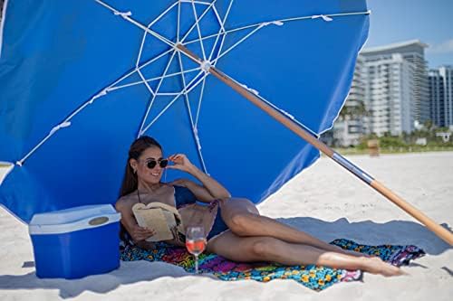 AMMSUN 7.5ft Heavy Duty High Wind Beach Umbrella Commercial Grade with Air Vent Ash Wood Pole & Carry Bag UPF 50+ Sun Protection for Patio Garden Pool Backyard Blue
