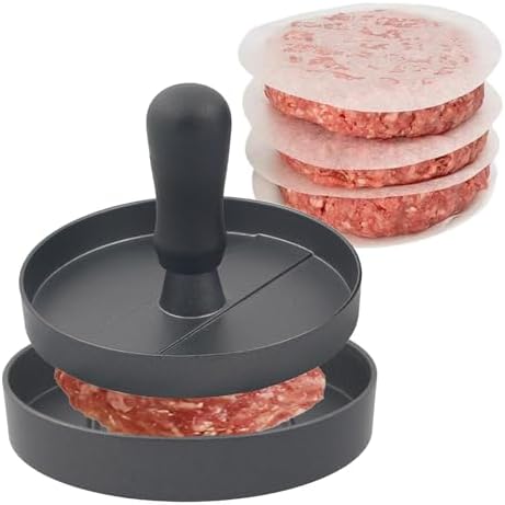 Aluminum Burger Press Patty Maker with 200 Non-Stick Papers - Commercial & Home Use, Hamburger Meat Press Tool, Dishwasher Safe (Black)