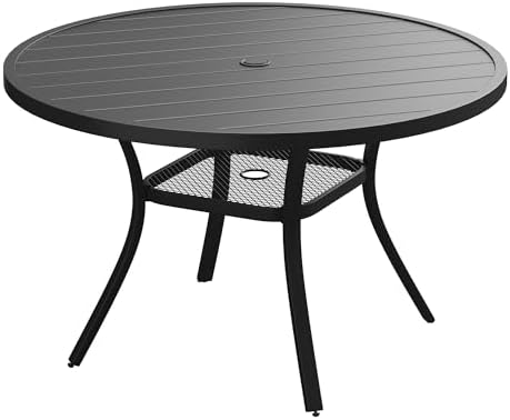 VICLLAX 47.2" Outdoor Round Patio Table for Lawn Garden, All Weather Metal Round Patio Dining Table with Adjustable Umbrella Hole, 6 Person Patio Table, Black Tabletop